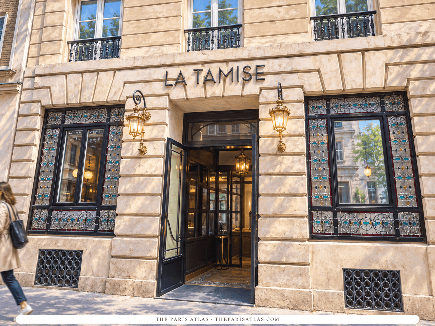 Reference-based illustration of the entrance of Hôtel La Tamise: a stone front lettered La Tamise above the door, two brass lanterns, and windows framed with colored stained-glass borders.