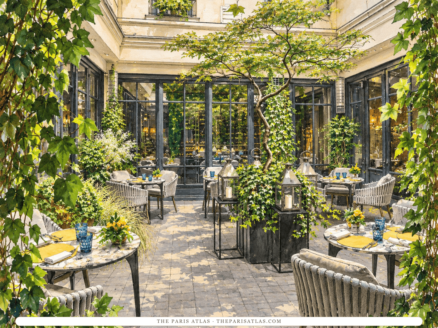 Reference-based illustration of the courtyard terrace at Le Burgundy Paris: small round tables set with yellow napkins and woven chairs on paving, lanterns, a tree in a central planter and climbing ivy against tall black-framed glass walls.