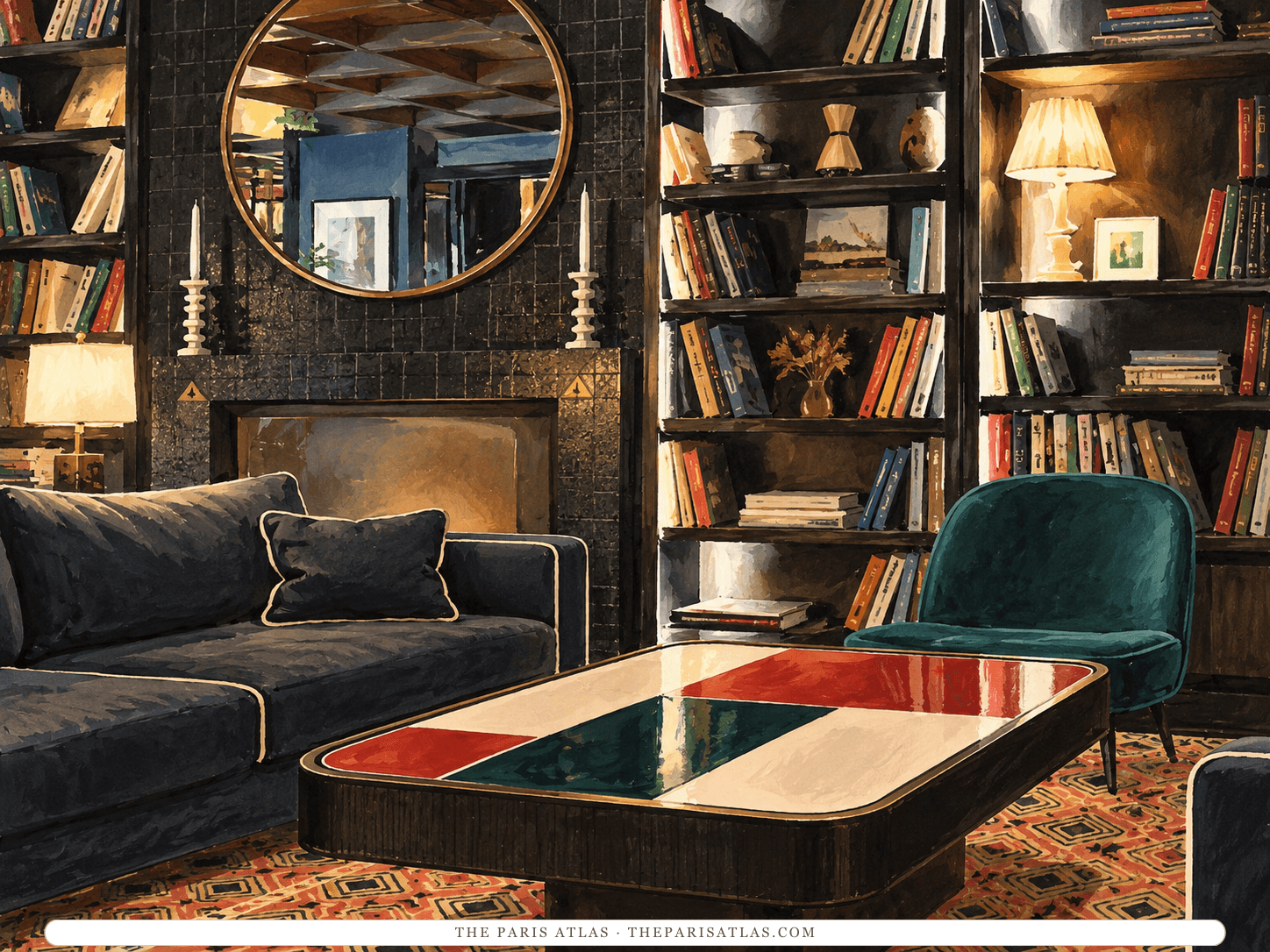 Reference-based illustration of the lounge at Le Roch Hôtel & Spa: a dark velvet sofa and a green velvet armchair around a coffee table inlaid in red, green and cream, a round mirror over a dark fireplace, and shelves of books and objects above a patterned carpet.