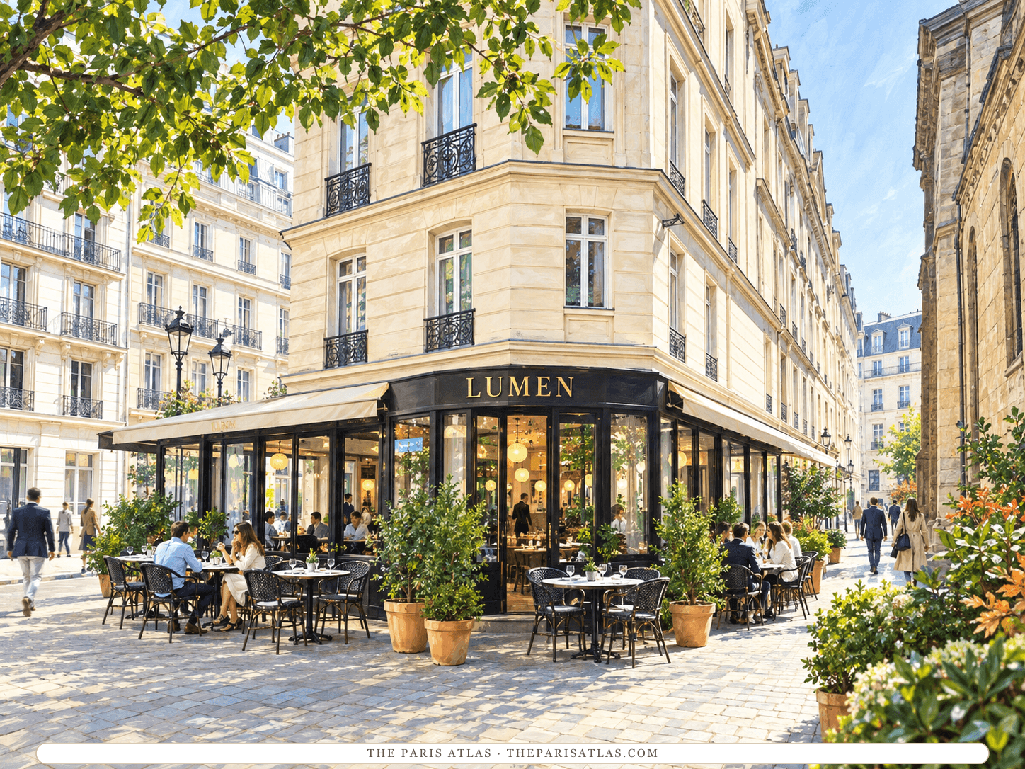 Reference-based illustration of Hôtel Lumen: a cream stone corner building with a black glazed ground floor lettered Lumen and a restaurant terrace with tables and potted plants.