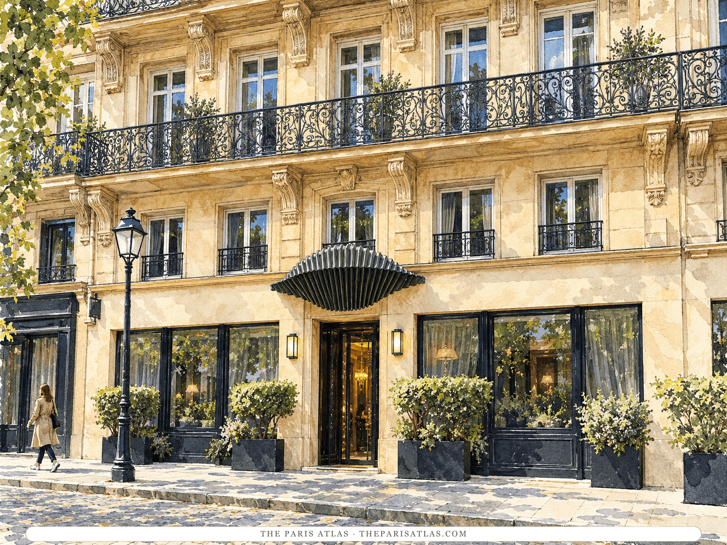 Reference-based illustration of Maison Albar – Le Pont-Neuf: a pale stone façade with two long wrought-iron balconies, a scalloped green canopy over the dark entrance door, clipped shrubs in planters and a street lamp.