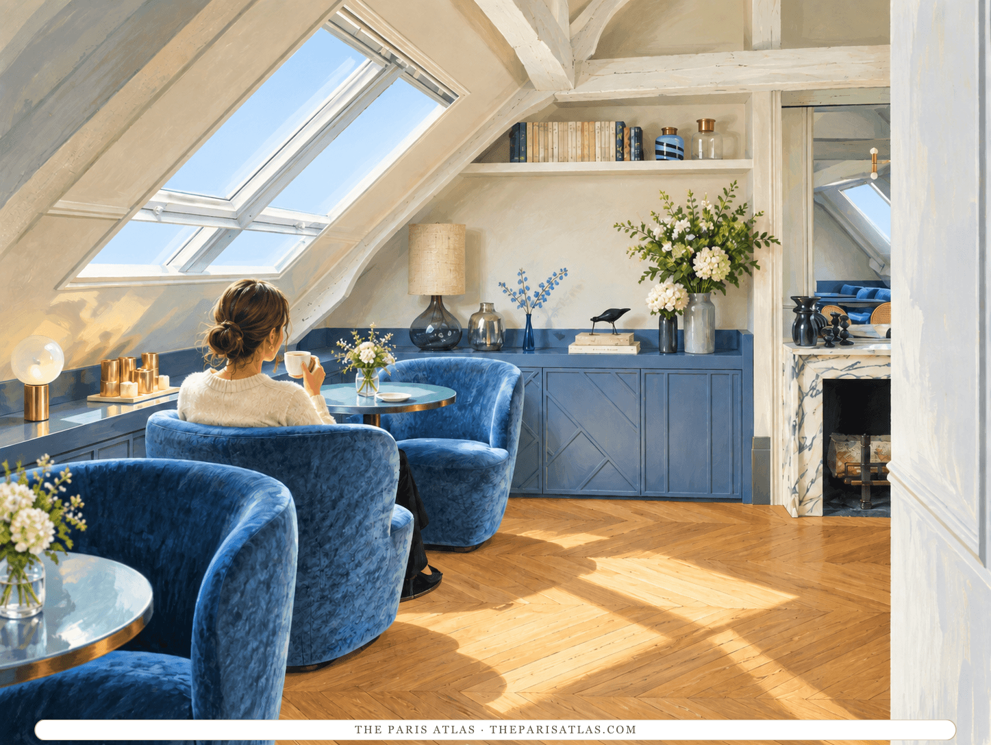 Reference-based illustration of the lounge at Maison Armance: blue velvet armchairs around small round tables on a herringbone parquet floor, under a sloping beamed ceiling with a skylight, with blue cabinets, bookshelves and a marble fireplace.