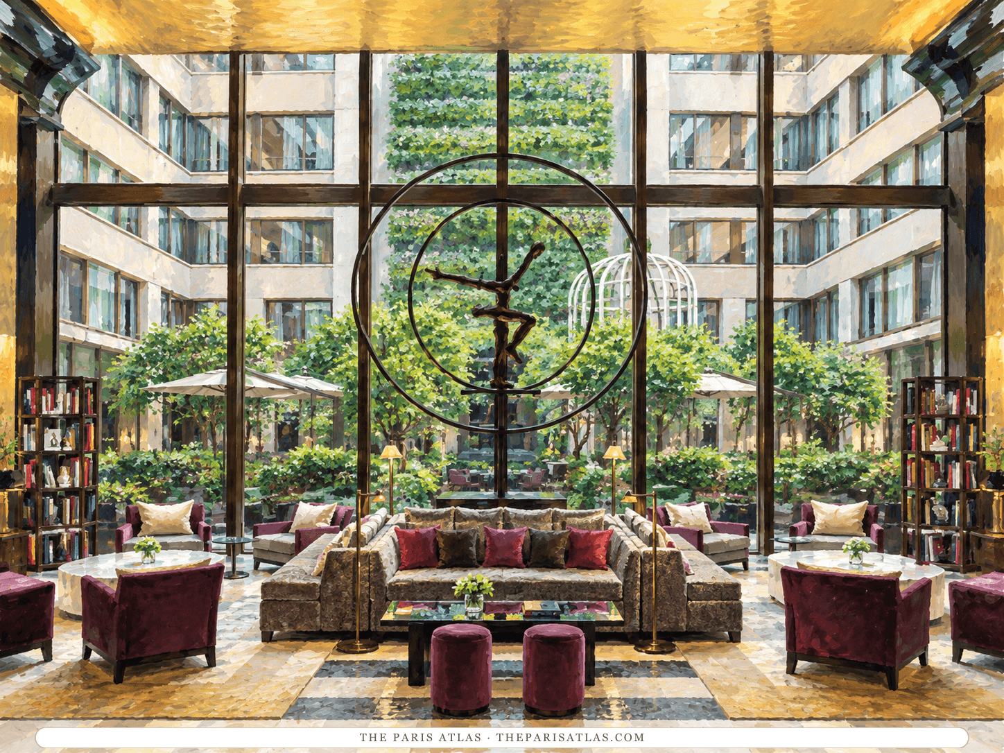 Reference-based illustration of the lobby at Mandarin Oriental, Paris: a double-height glass wall looking onto the planted courtyard and a green wall, a gold ceiling, a large ring sculpture with a figure, plum armchairs and stools, low sofas and bookcases on a marble floor.