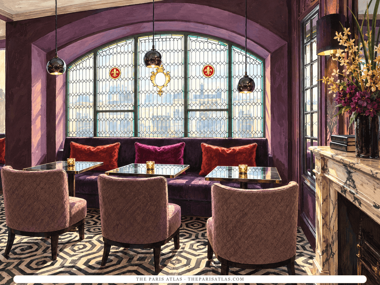 Reference-based illustration of the lounge at Hôtel Mansart: a wide arched leaded-glass window with small red emblems, a purple banquette with cushions, three pendant lights, upholstered armchairs on a black-and-white geometric floor and a marble fireplace with flowers.