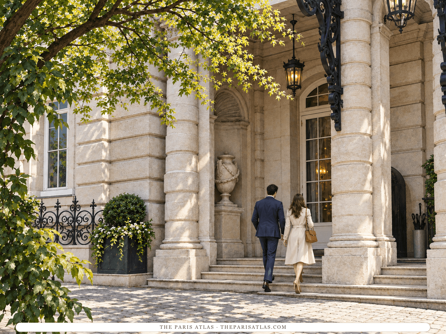 AI-generated photorealistic image of the entrance of Shangri-La Paris: tall banded stone columns and an urn in a niche framing glazed entrance doors under ornate iron lanterns, steps up from a paved forecourt, trees overhead and two guests walking in.