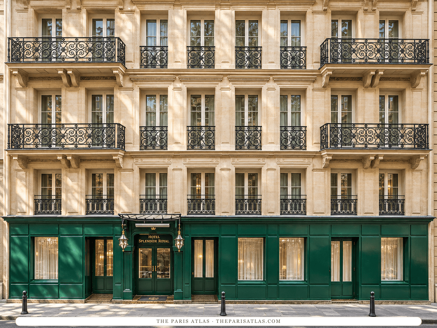 AI-generated illustration of Hôtel Splendide Royal Paris on rue du Cirque: a cream stone façade with wrought-iron balconies above an emerald-green ground floor, lanterns and a sign over the entrance.