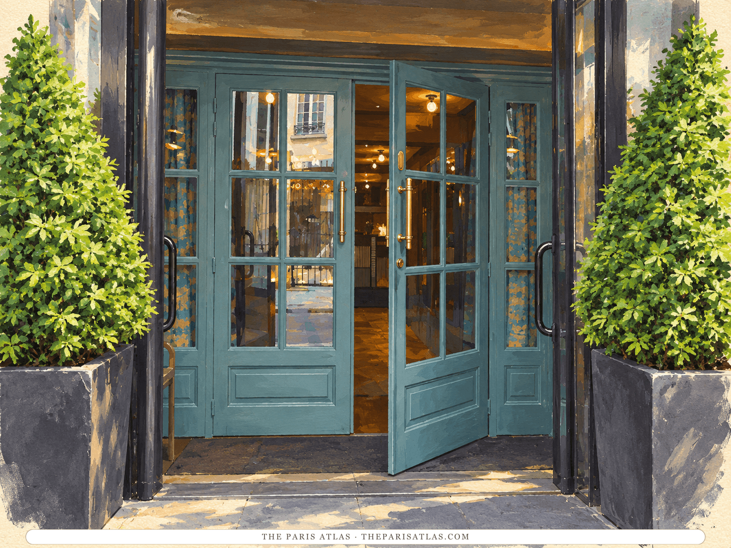 Reference-based illustration of the entrance of Hôtel Thérèse: open teal-painted glazed double doors in a dark frame, flanked by two cone-shaped clipped shrubs in grey planters, with a glimpse of the lobby inside.