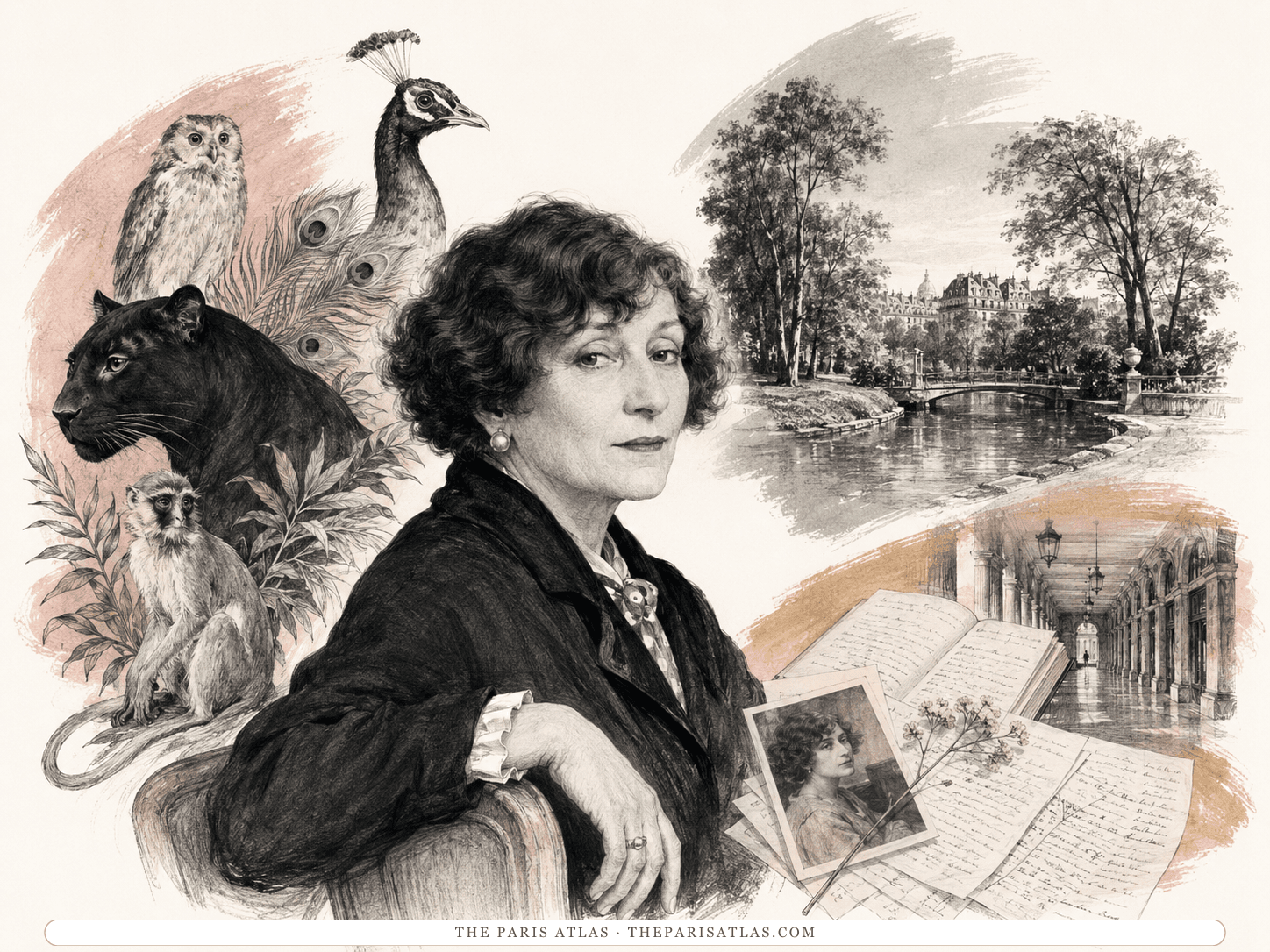 Colette in her later years, seated, with a black panther, an owl, a peacock and a monkey behind her on one side; a wooded park and lake on the other; and, below, an arcade beside open manuscript pages and a photograph of her younger self.
