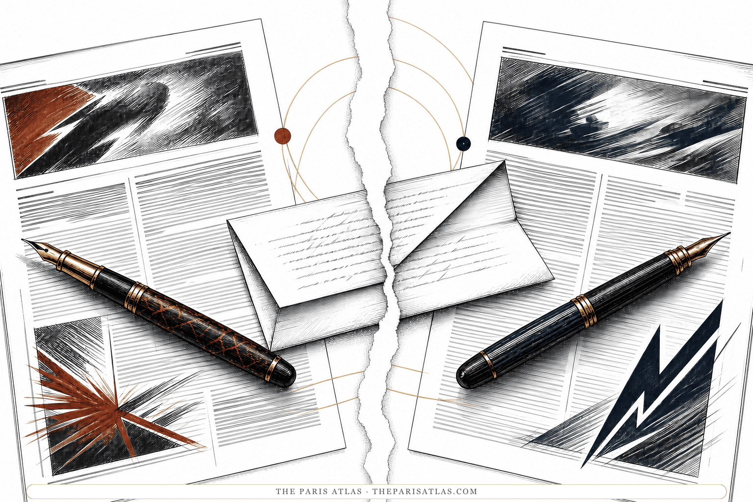 Two periodical pages, a torn paper strip, and a private letter suggest a friendship conducted through published attacks and correspondence.