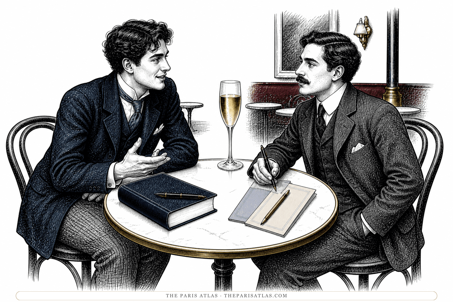 Two young writers in 1920s suits talk across a café table set with a novel, pamphlets, pens, and champagne.