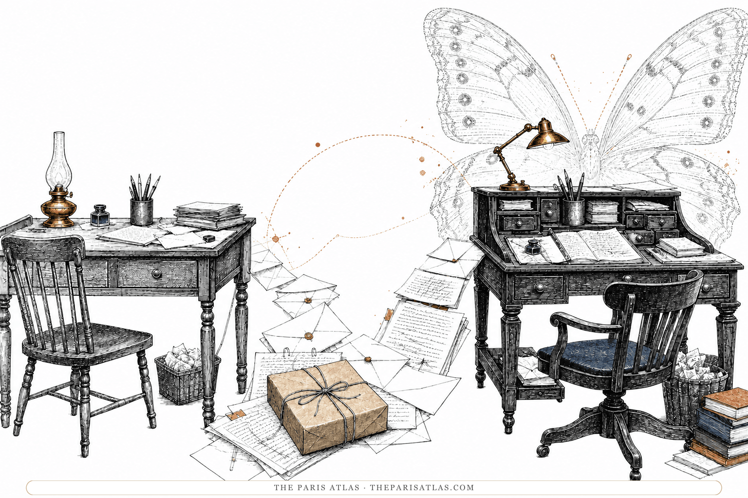 Two writers' desks are linked by letters, edited pages, and a faint butterfly-wing motif.