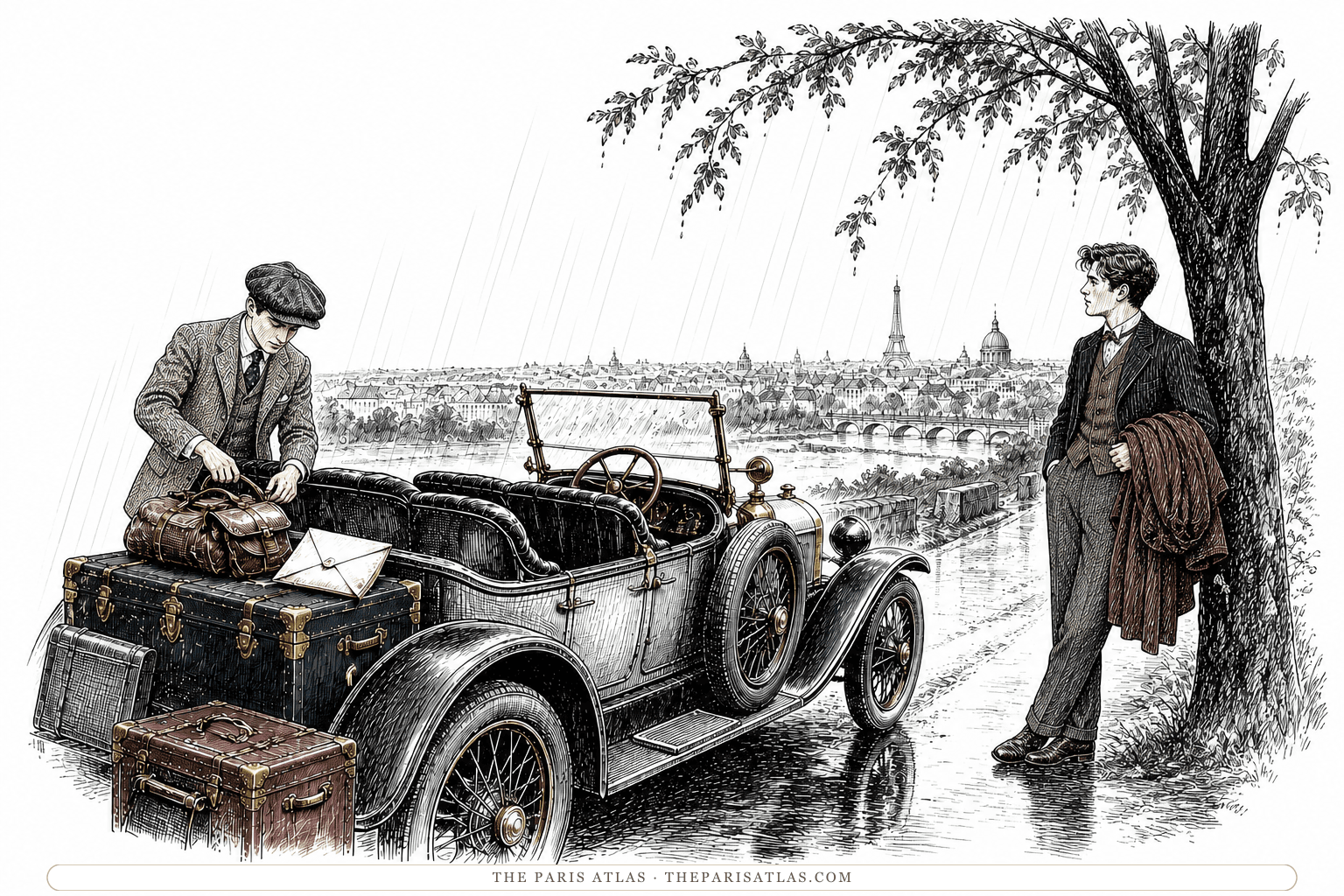 Two young writers tend a roofless 1920s touring car and its luggage beside a rain-soaked road.