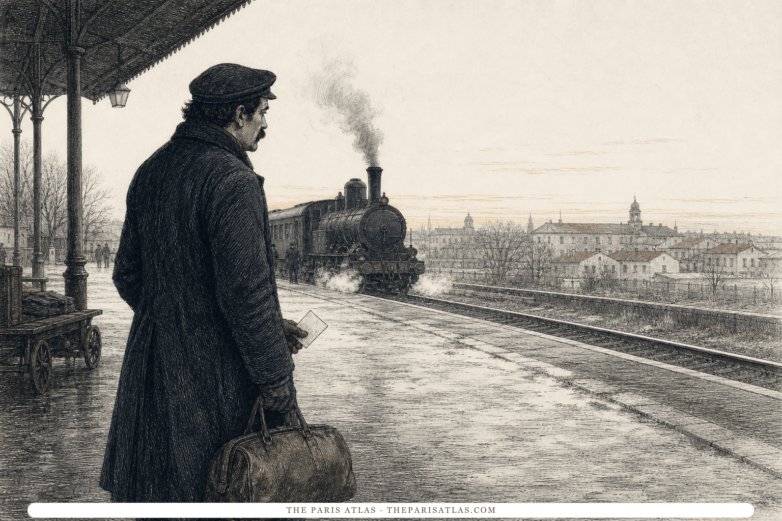 Paul Gauguin waits alone with a travel bag and telegram on the platform at Arles station as a steam train approaches in the pale winter dawn.