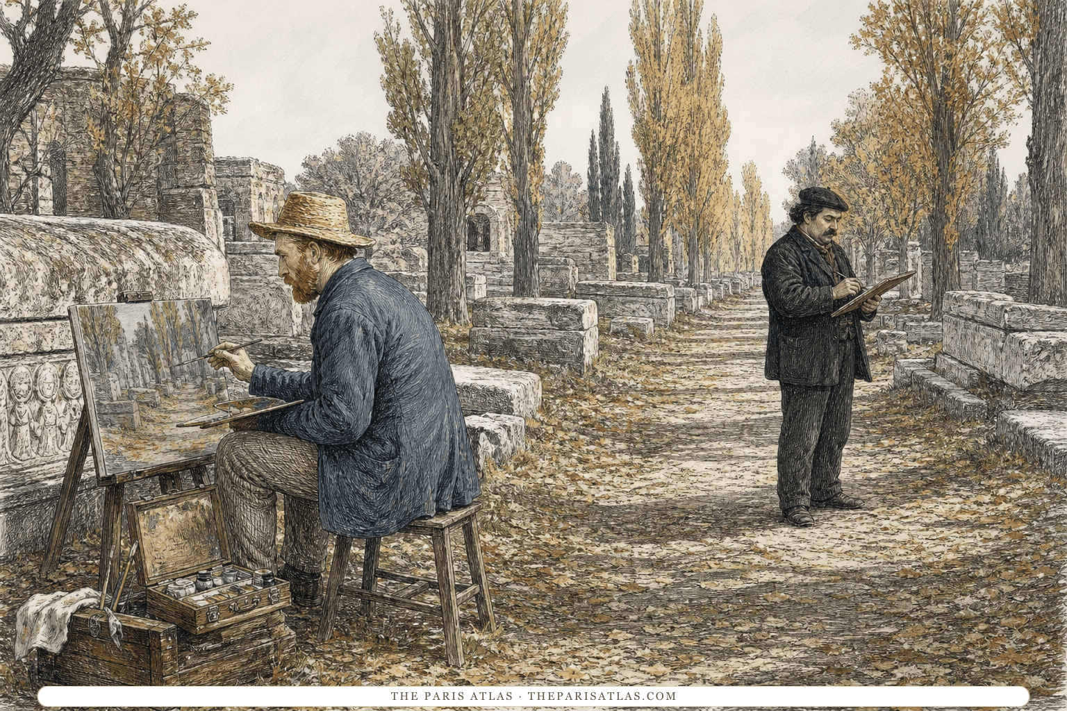 Vincent van Gogh painting at an easel while Paul Gauguin works from a sketchbook several paces away among the Roman sarcophagi and autumn trees of the Alyscamps in Arles.