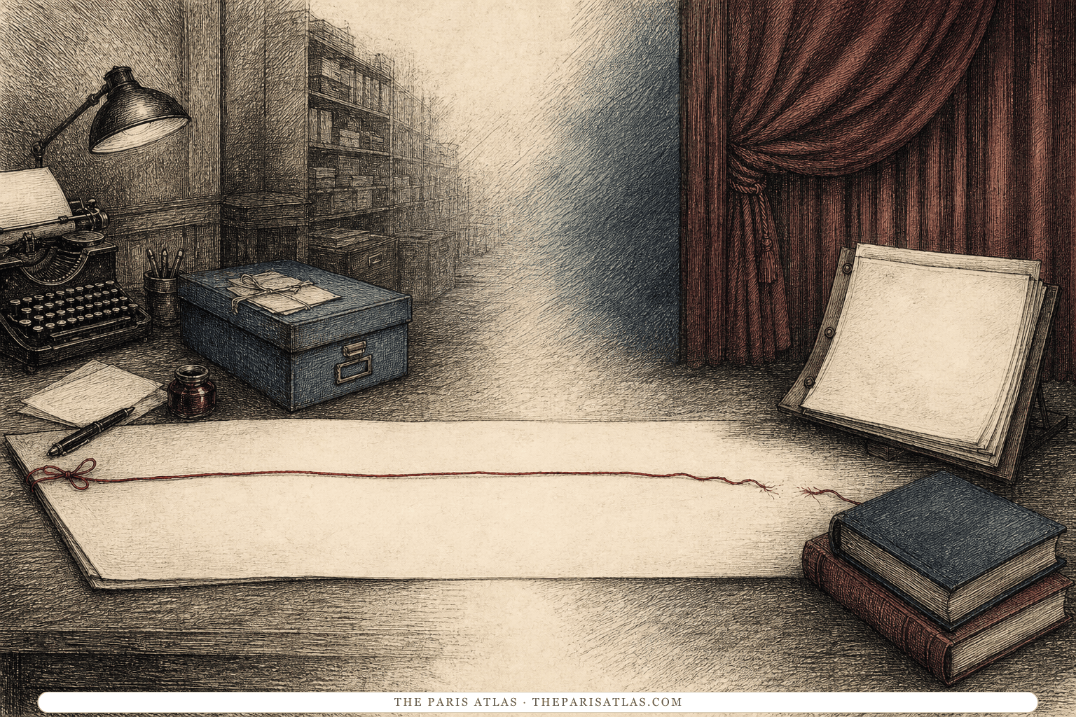 A broken thread crosses a long archival gap between an old writing desk and later theater and book imagery.