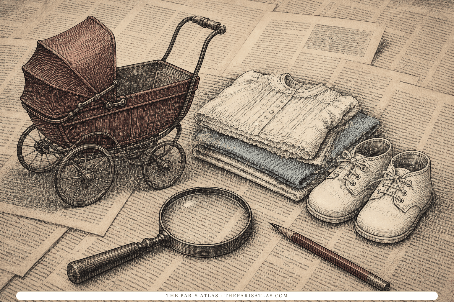 A vintage baby carriage, infant clothes, and shoes arranged over indistinct newspaper columns.