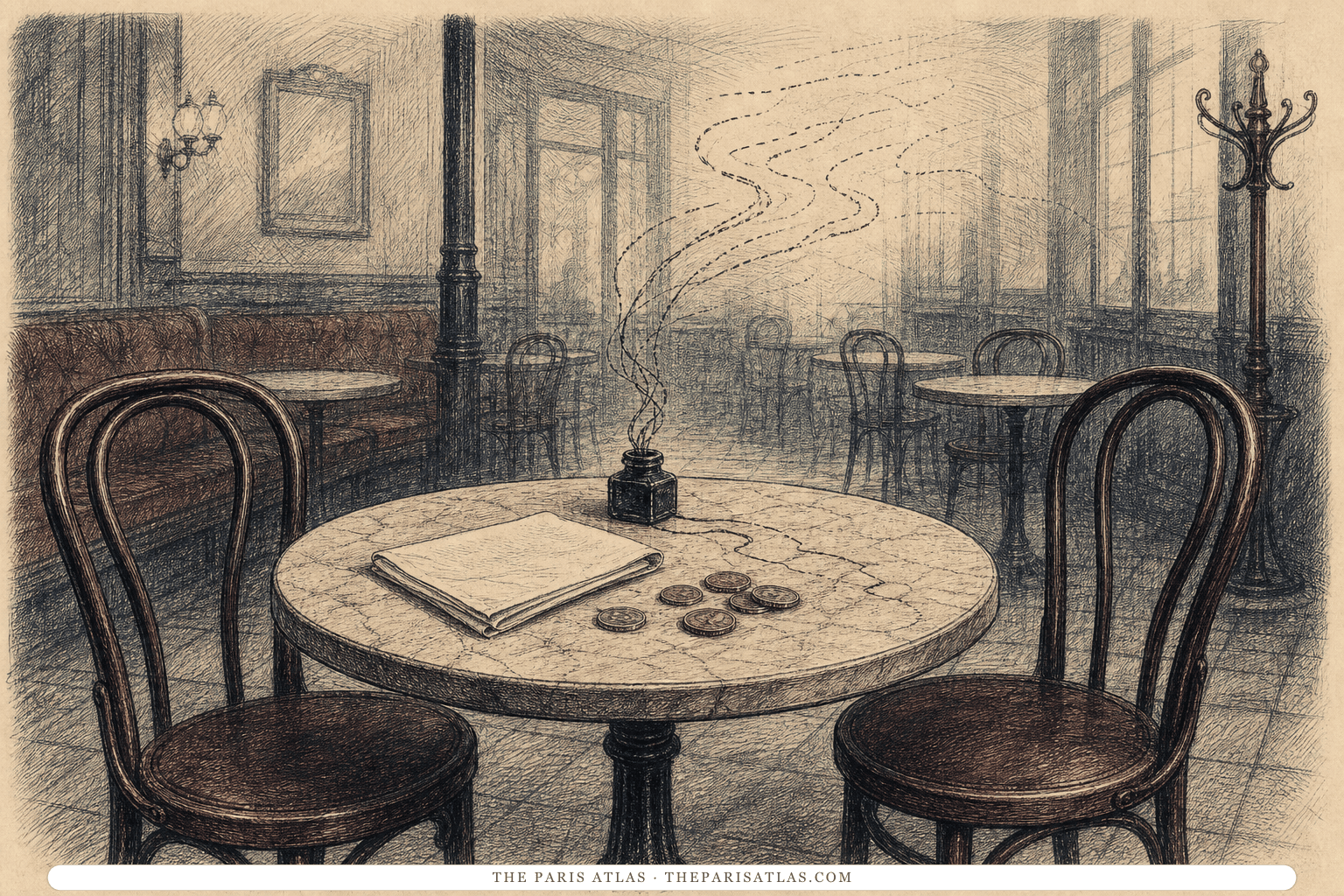 An empty café table with a blank napkin and scattered coins, suggesting an undocumented story.