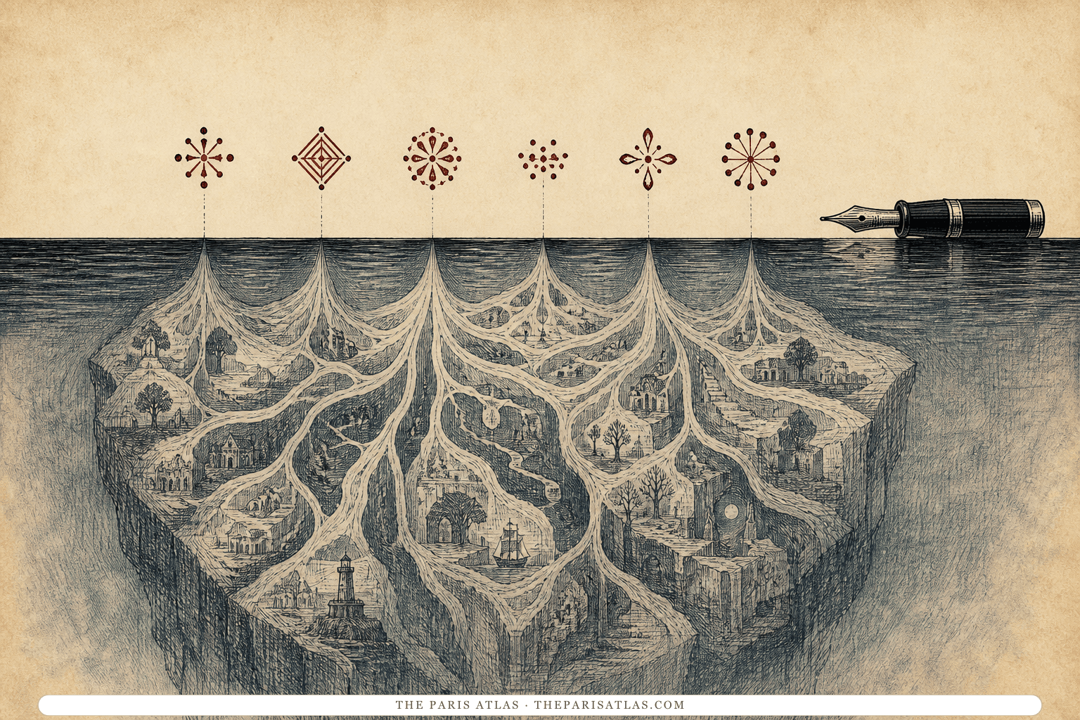 Six small printer's marks sit above an iceberg whose larger imagined story remains below the surface.