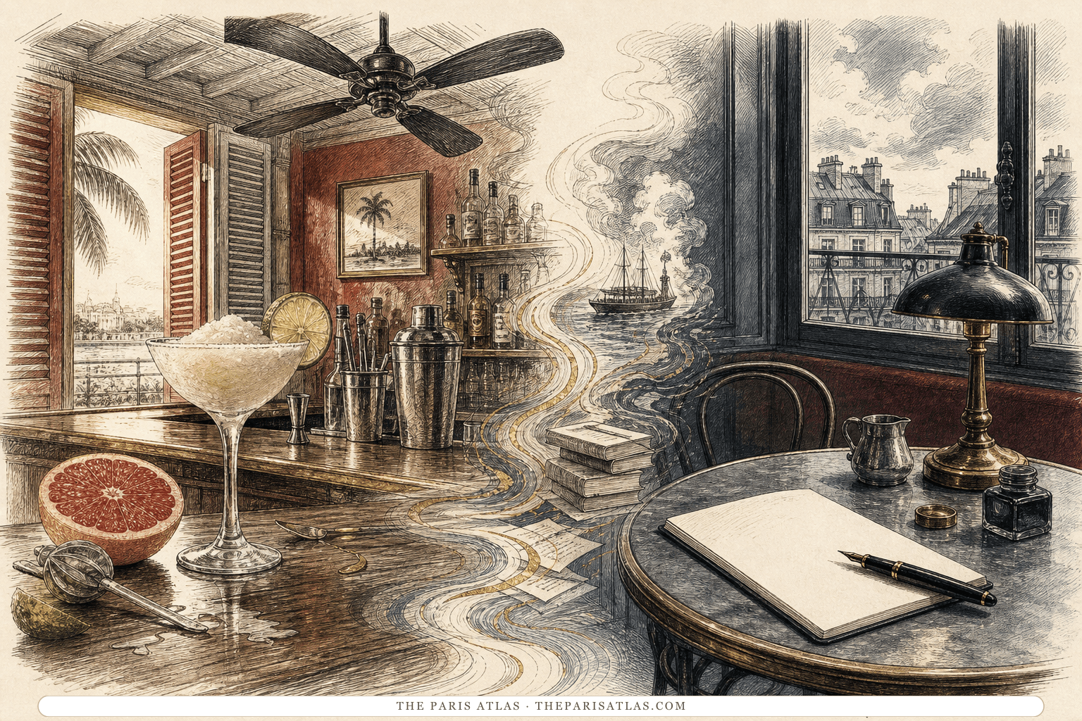 A grapefruit daiquiri at a tropical Havana bar is contrasted with a writer’s table in a Paris café.