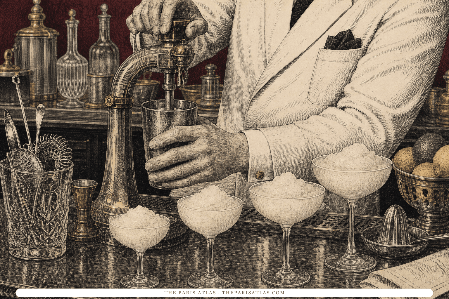 A bartender mixes one drink while several different frozen daiquiris line the bar.