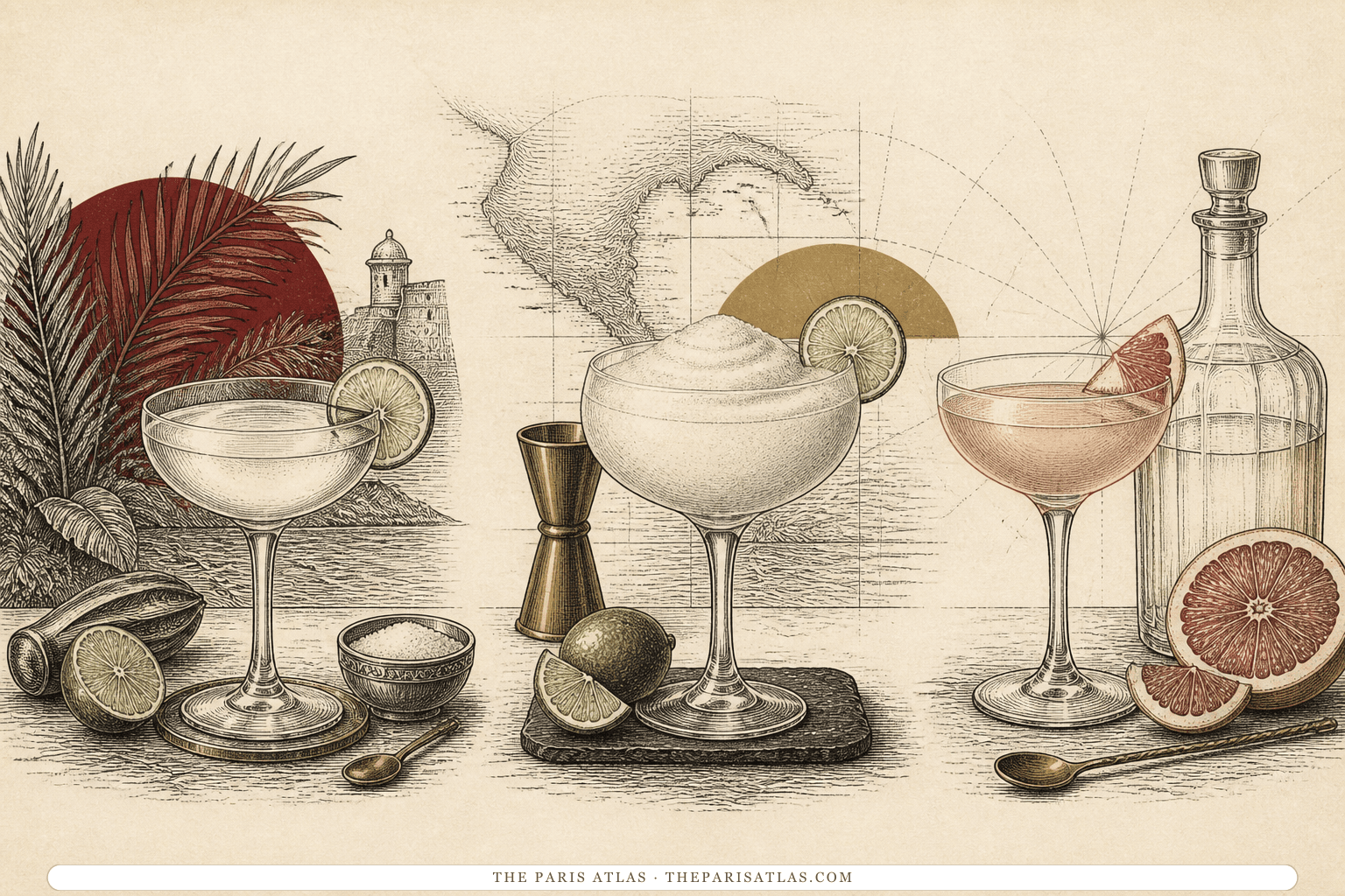 Three daiquiri variations shown with their differing ingredients: classic, stronger and drier, and grapefruit with maraschino.