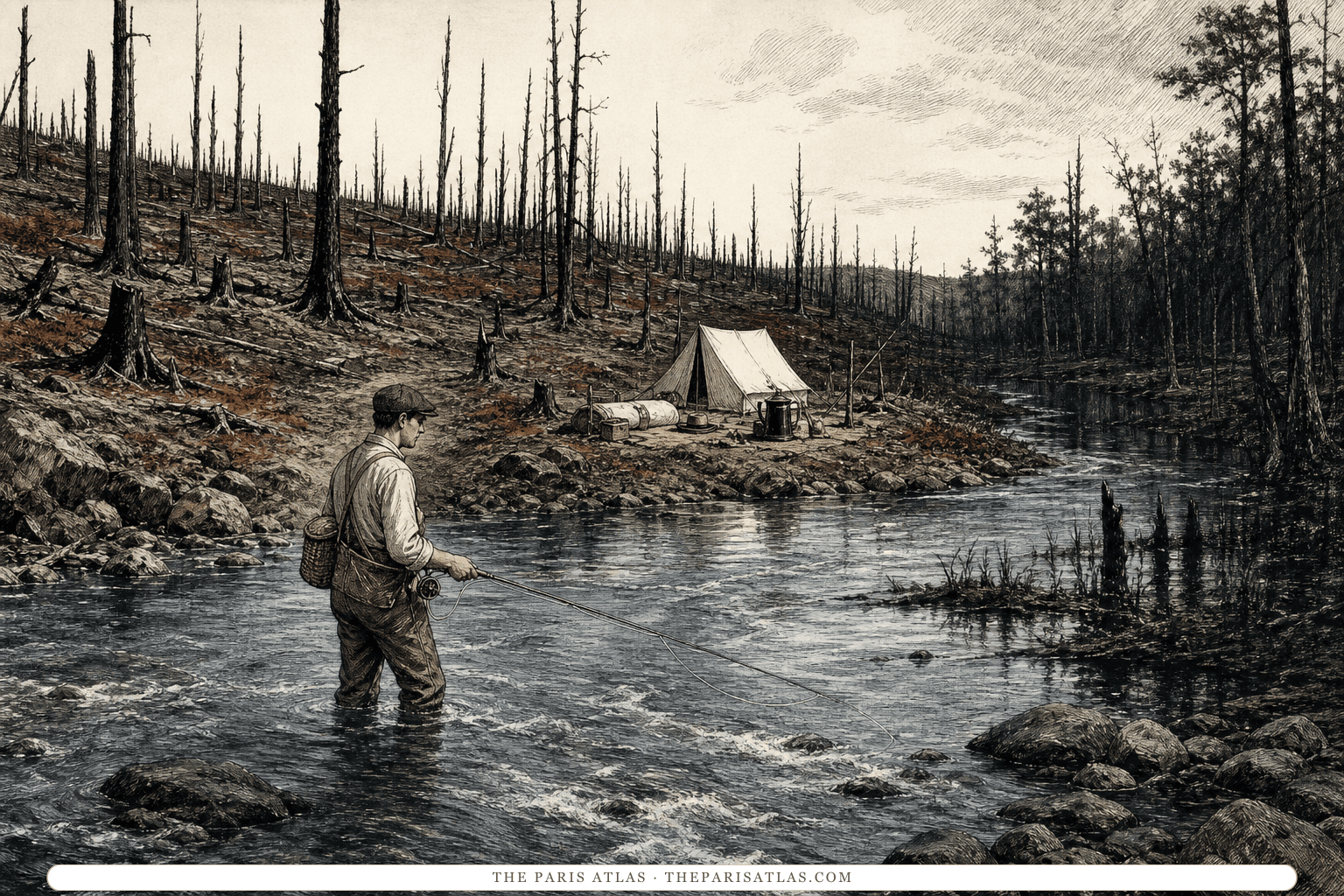 Ink illustration of Nick Adams fly-fishing beside an orderly campsite in a burned Michigan landscape, with a dark swamp at the river’s edge.