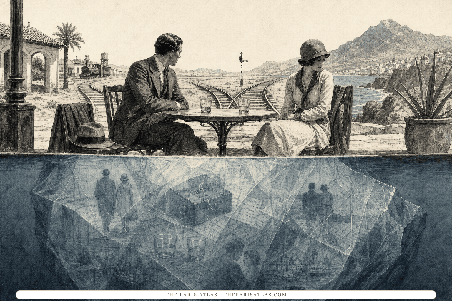 Ink illustration of a man and woman sitting apart at a Spanish railway café while a submerged iceberg beneath them holds ghosted traces of travel and shared history.