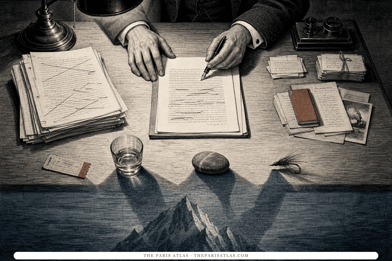 Overhead ink illustration of a writer revising one selected manuscript page among background notes and concrete objects whose shadows form an iceberg below the desk.