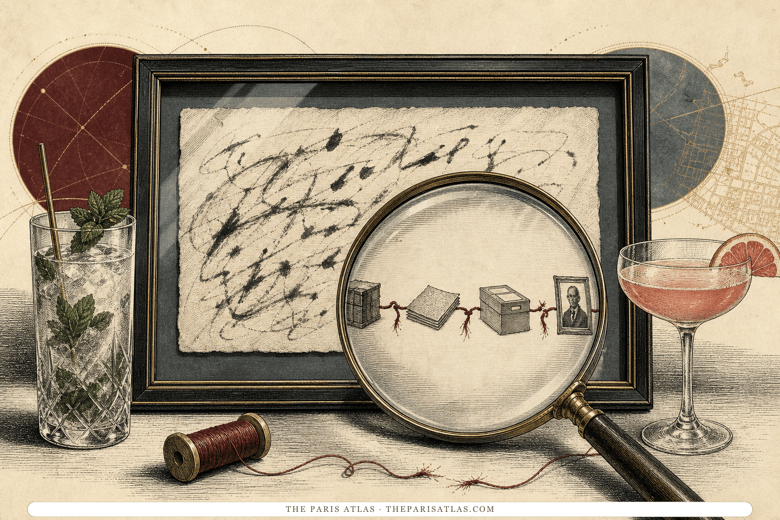 An illegible framed inscription is examined with a magnifying glass beside a mint drink and a grapefruit daiquiri.