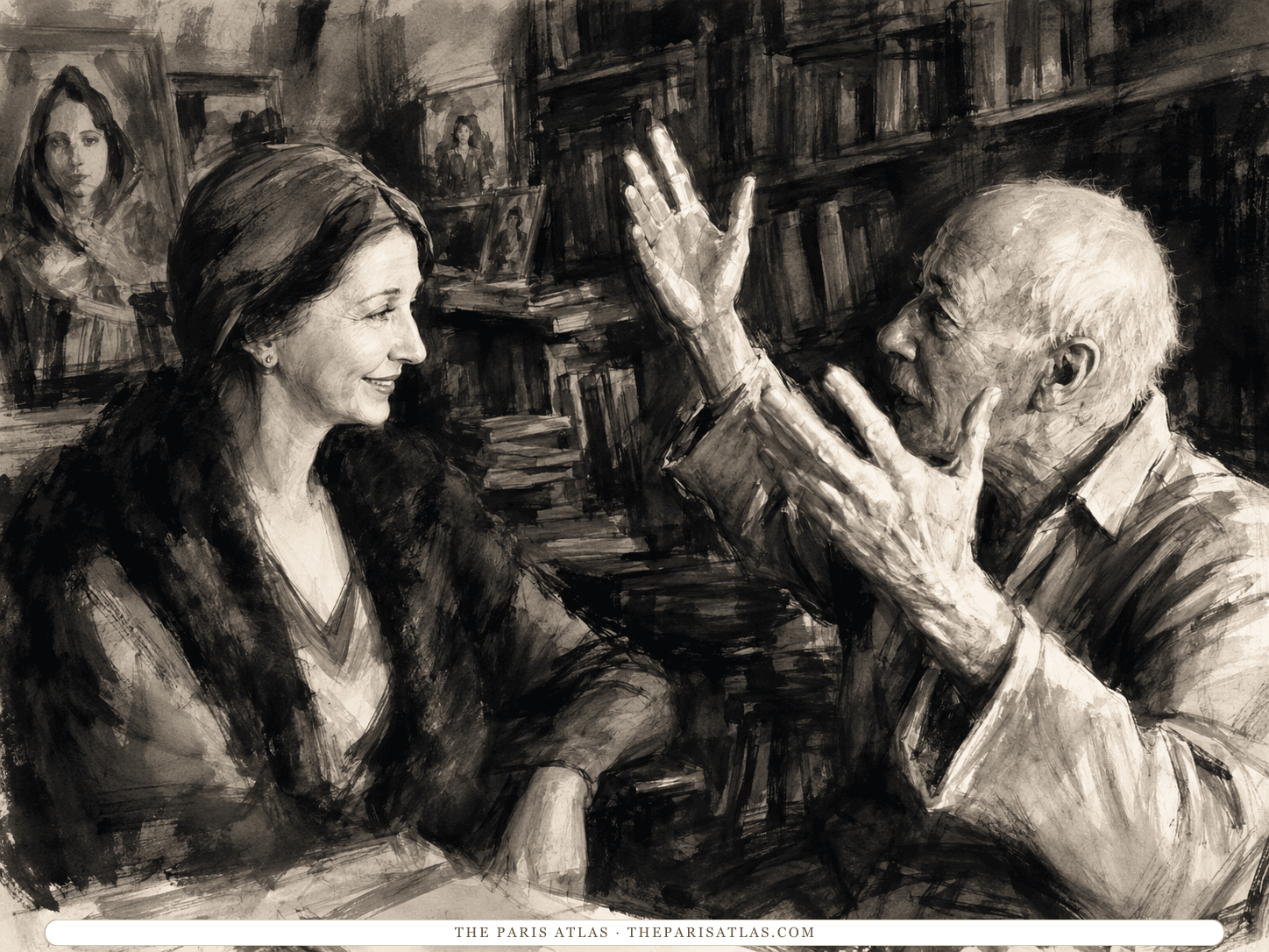 Ink-wash illustration of Henry Miller talking with both hands raised while Anaïs Nin listens, bookshelves and framed pictures behind them.