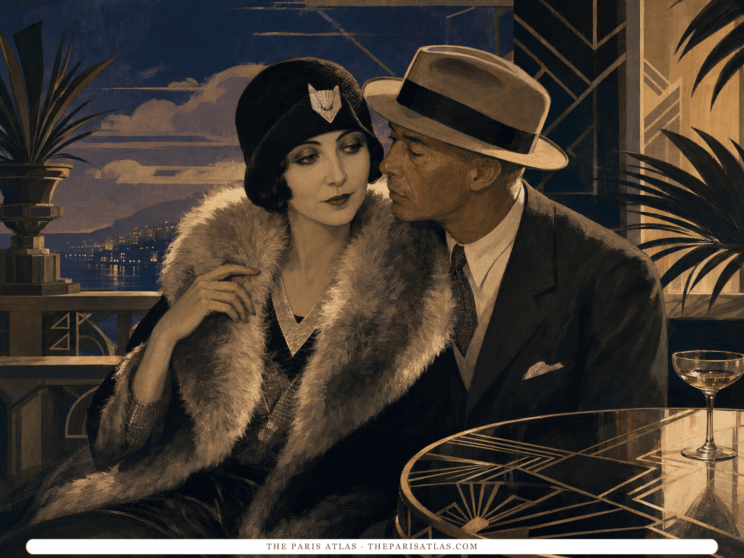 Illustration of Anaïs Nin in a cloche hat and fur collar leaning close to Henry Miller on an Art Deco terrace above a bay at dusk, a champagne coupe on the table.