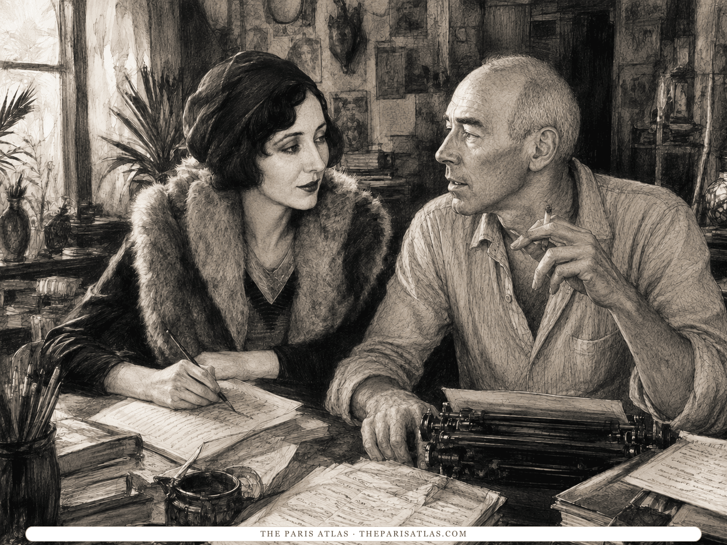 Charcoal illustration of Anaïs Nin writing with a pen at a desk of manuscript pages while Henry Miller, cigarette in hand, sits beside her at a typewriter.