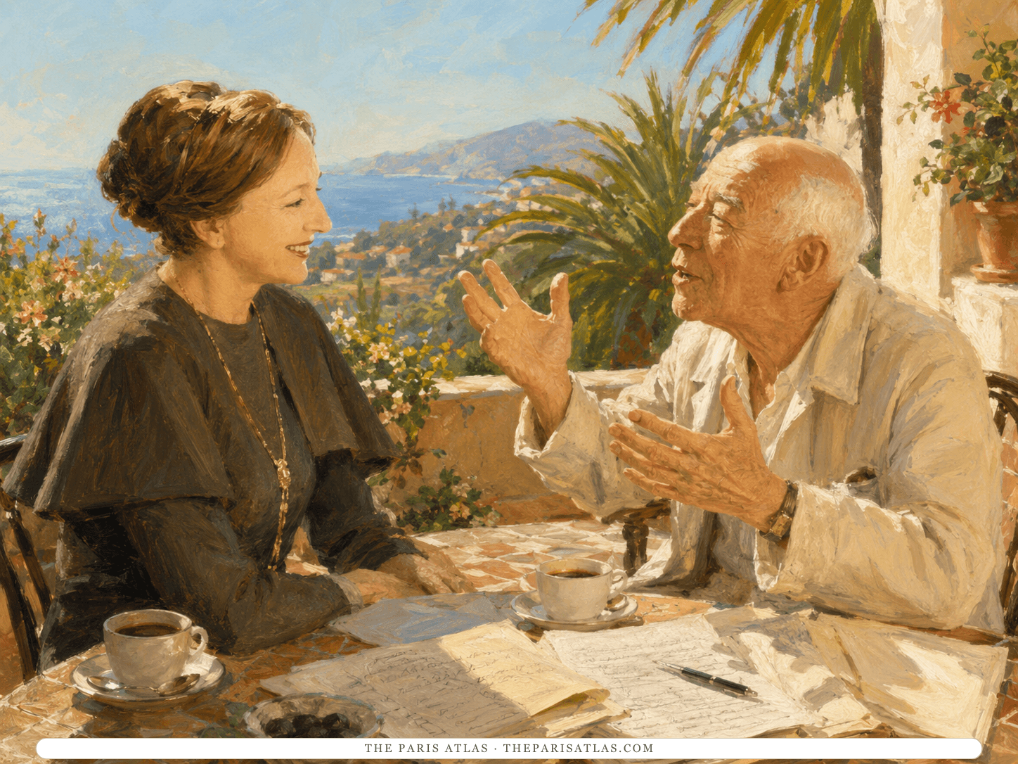 Illustration of an older Anaïs Nin and Henry Miller talking over coffee cups and handwritten papers on a sunlit terrace above the Pacific.