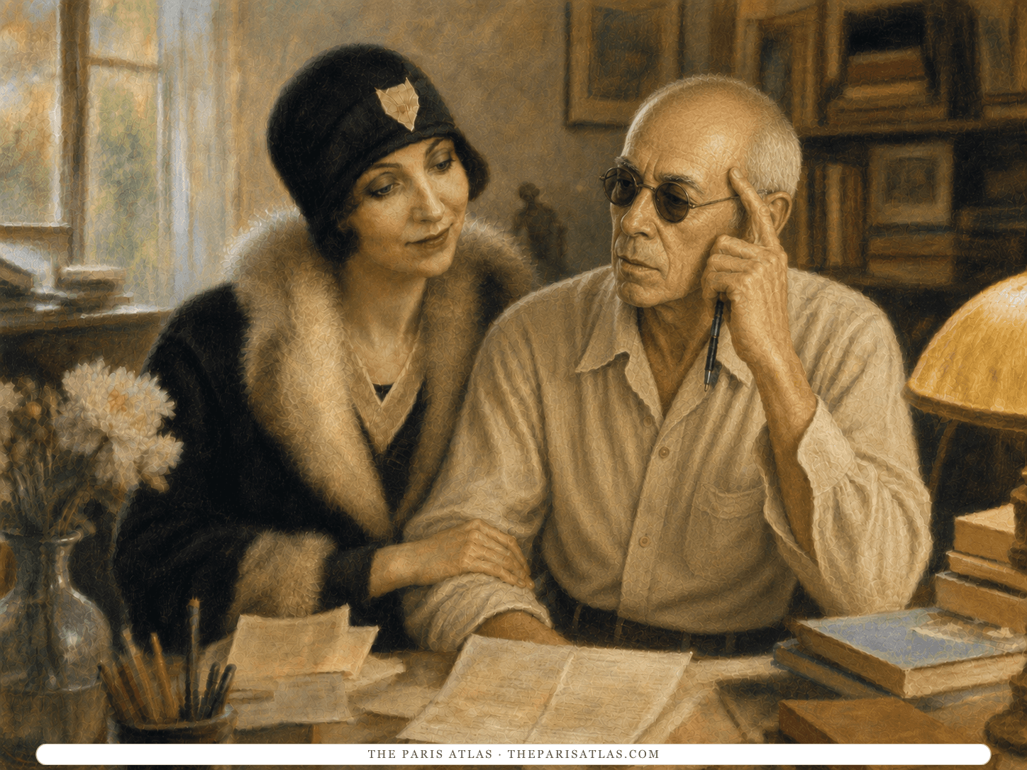 Illustration of Anaïs Nin leaning at Henry Miller's shoulder over loose manuscript pages, Miller in round dark glasses holding a pen against his temple.