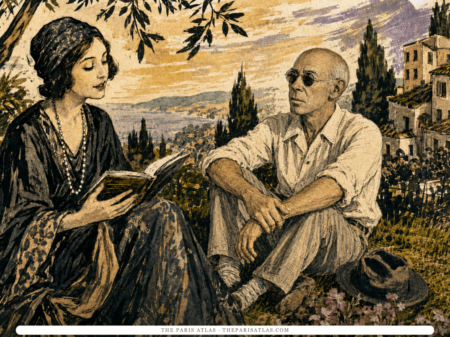 Illustration of Anaïs Nin reading aloud from a book under an olive branch while Henry Miller sits on the grass listening, cypresses and a hill town behind them.