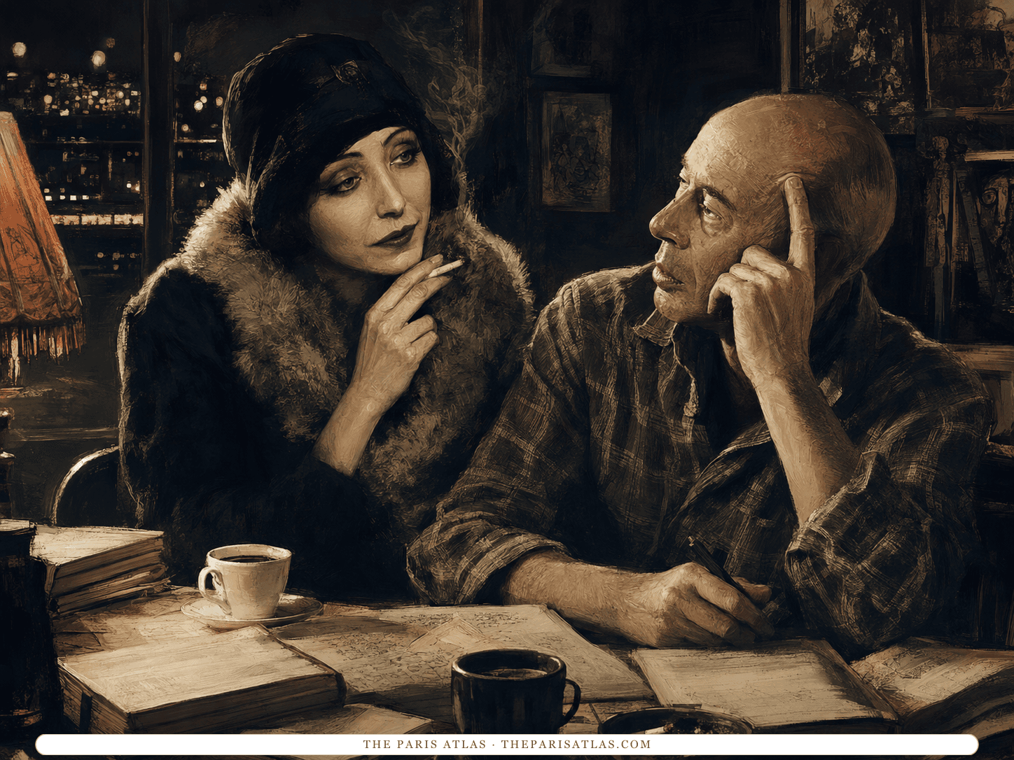 Illustration of Anaïs Nin smoking beside Henry Miller at a night table covered in books, loose papers and coffee cups, city lights in the window behind them.