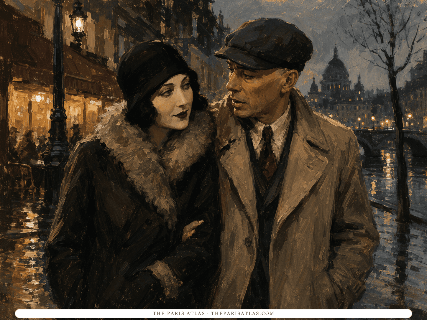 Illustration of Anaïs Nin and Henry Miller walking arm in arm along a lamplit Paris quai at night, the river, a bridge and a domed building behind them.