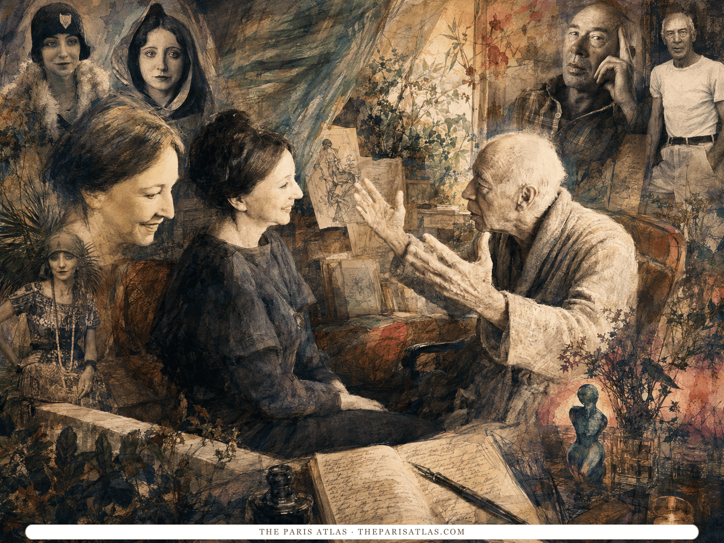 Collage illustration layering several portraits of Anaïs Nin at different ages around Henry Miller in later life, with manuscript pages, drawings and an inkwell.