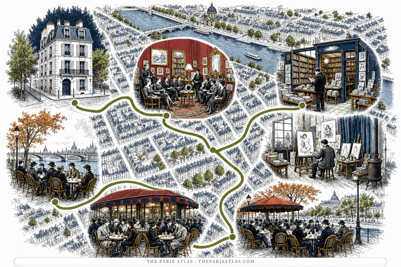 A schematic Left Bank walking route links an apartment, salon, bookshop, studio, and Montparnasse cafés.
