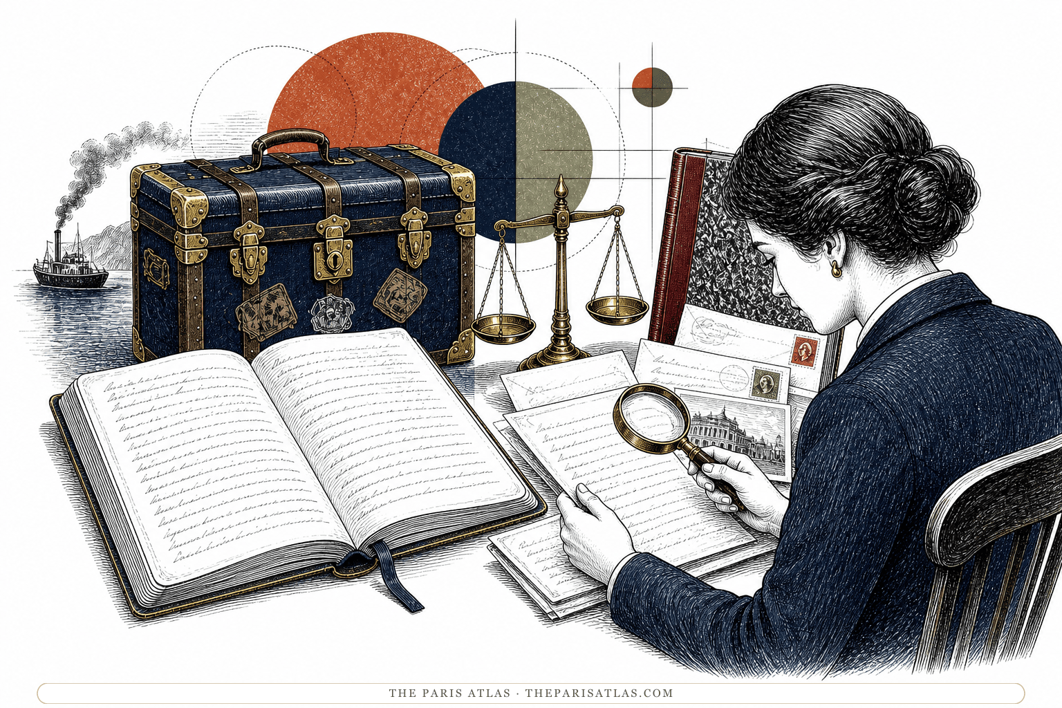 A researcher compares notebooks and a travel trunk with letters, address cards, another memoir, and a magnifying glass.