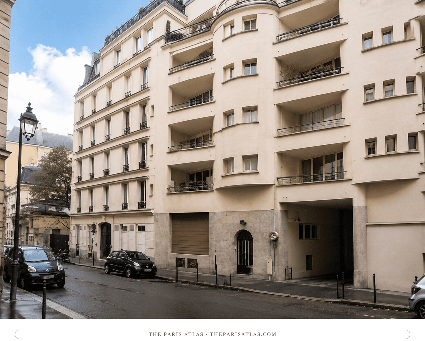 The curve of the rue Notre-Dame-des-Champs today in color, balconies and street lamps where the lumberyard was