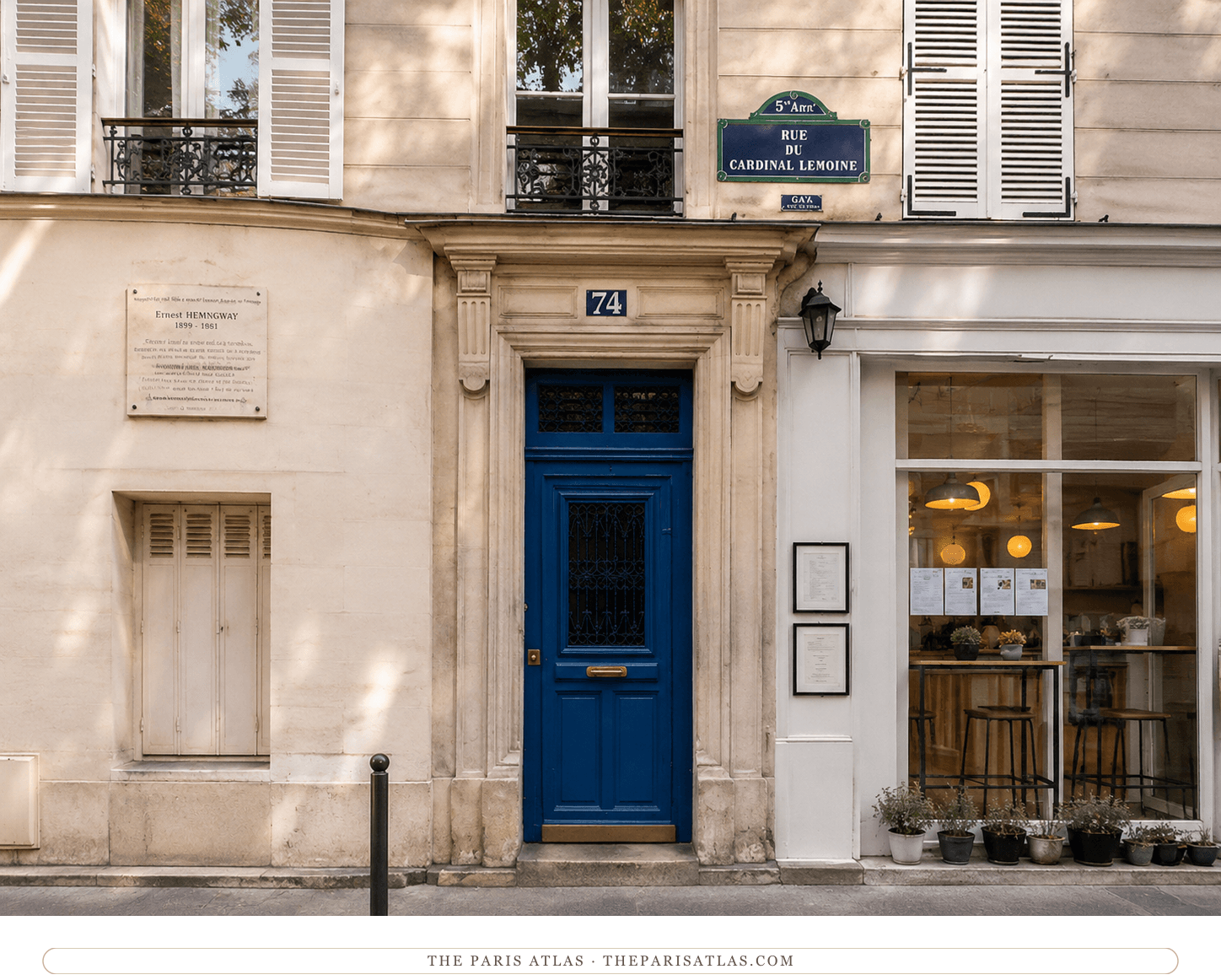 The blue door of 74 rue du Cardinal Lemoine today, with the street sign and memorial plaque on the wall