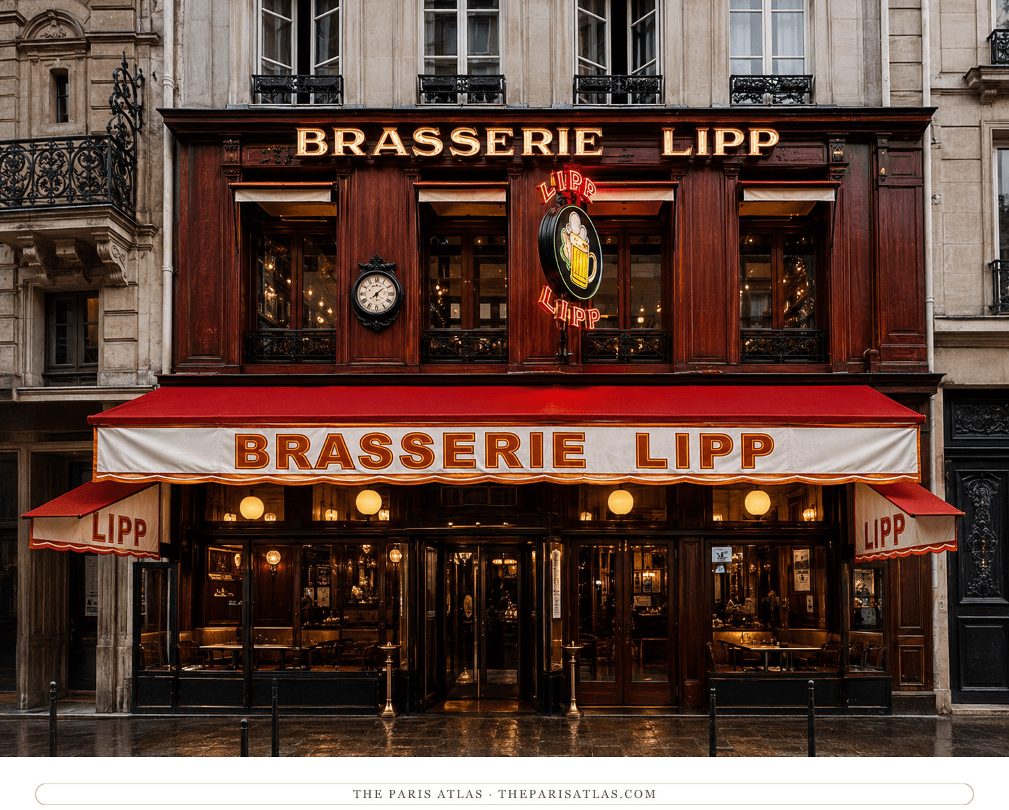 Brasserie Lipp today, red awning lit at dusk with the neon LIPP sign above the door