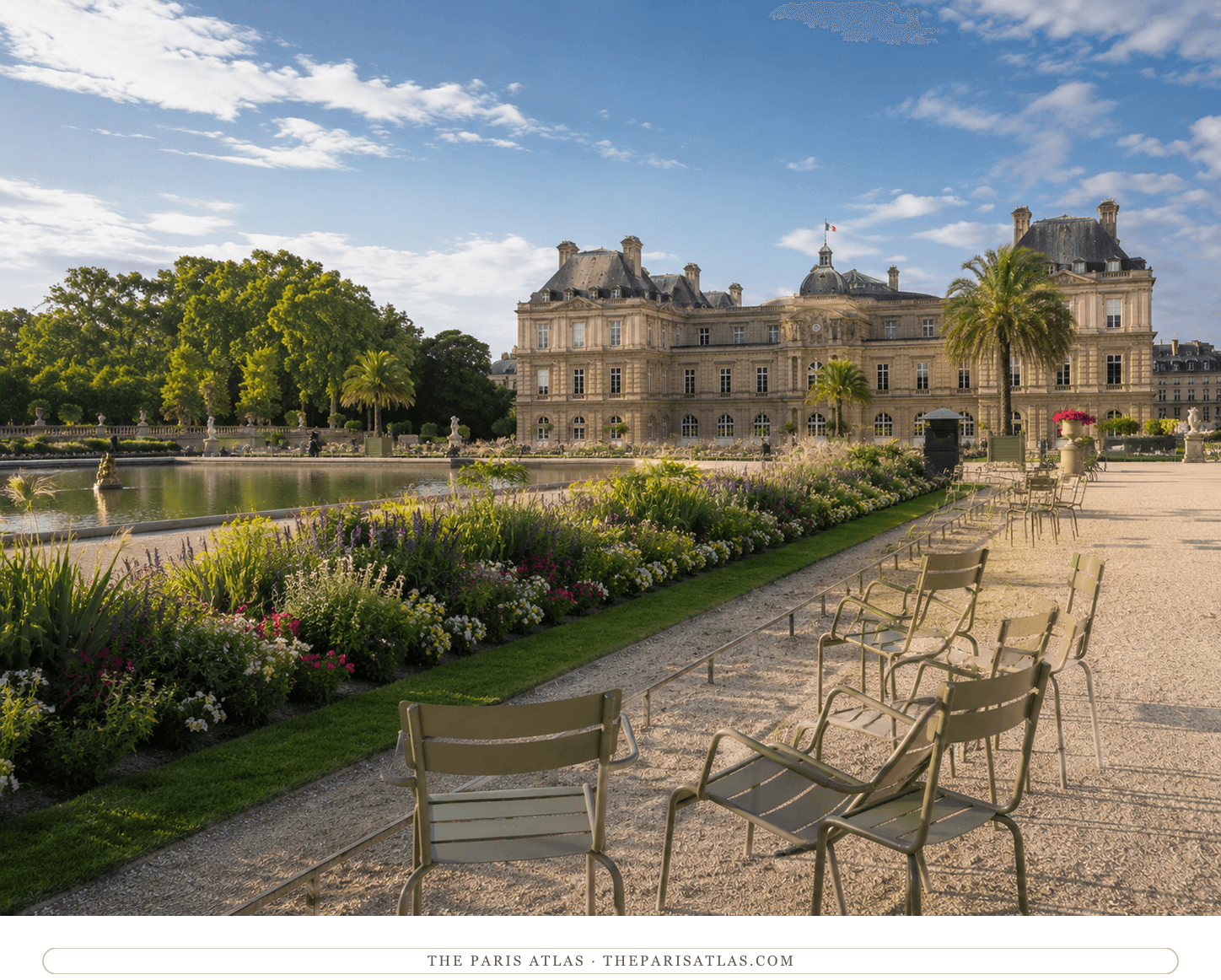 The Jardin du Luxembourg today, flowerbeds and green chairs facing the palace in late light