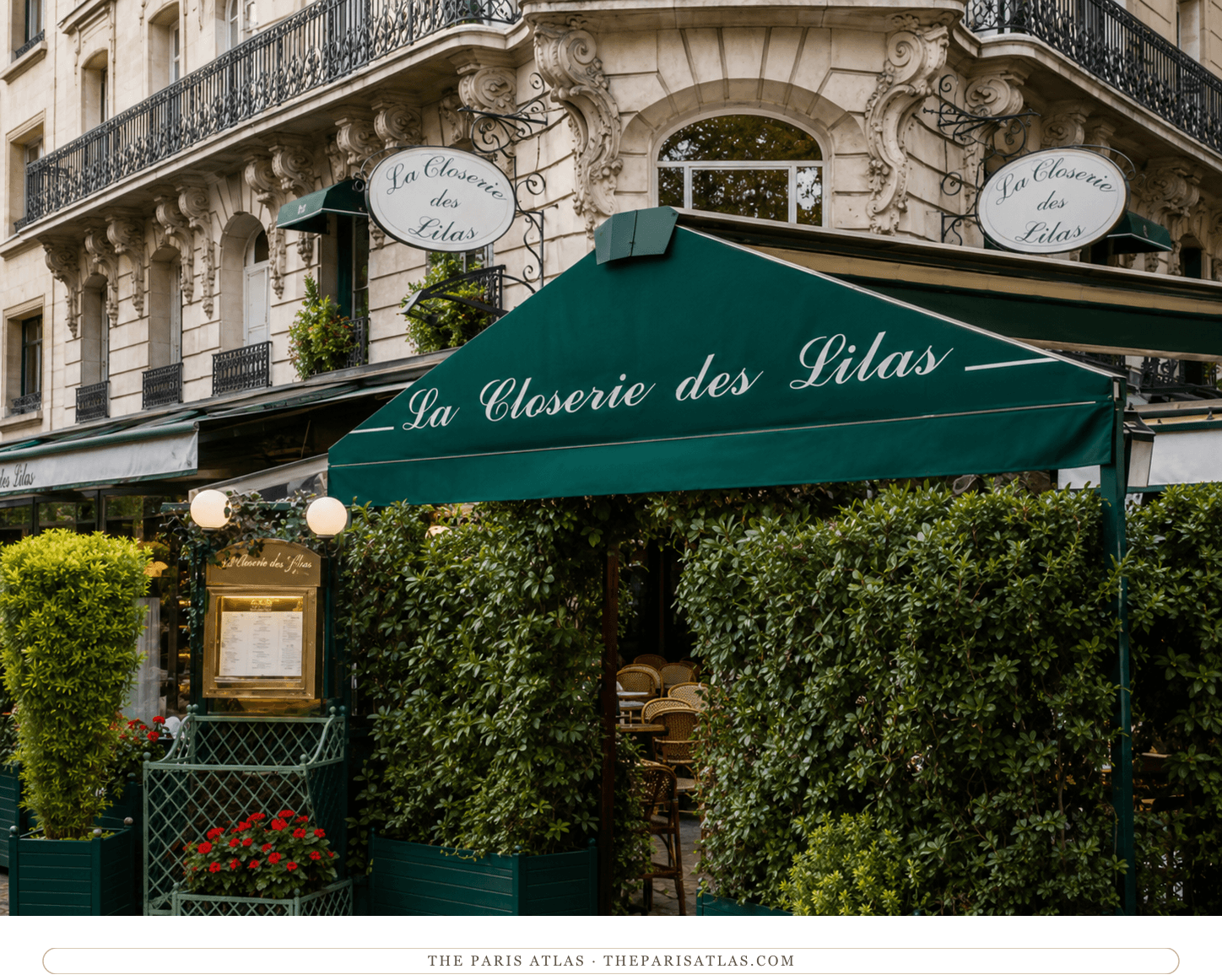 The terrace of La Closerie des Lilas today, its green awning and menu board framed by planters