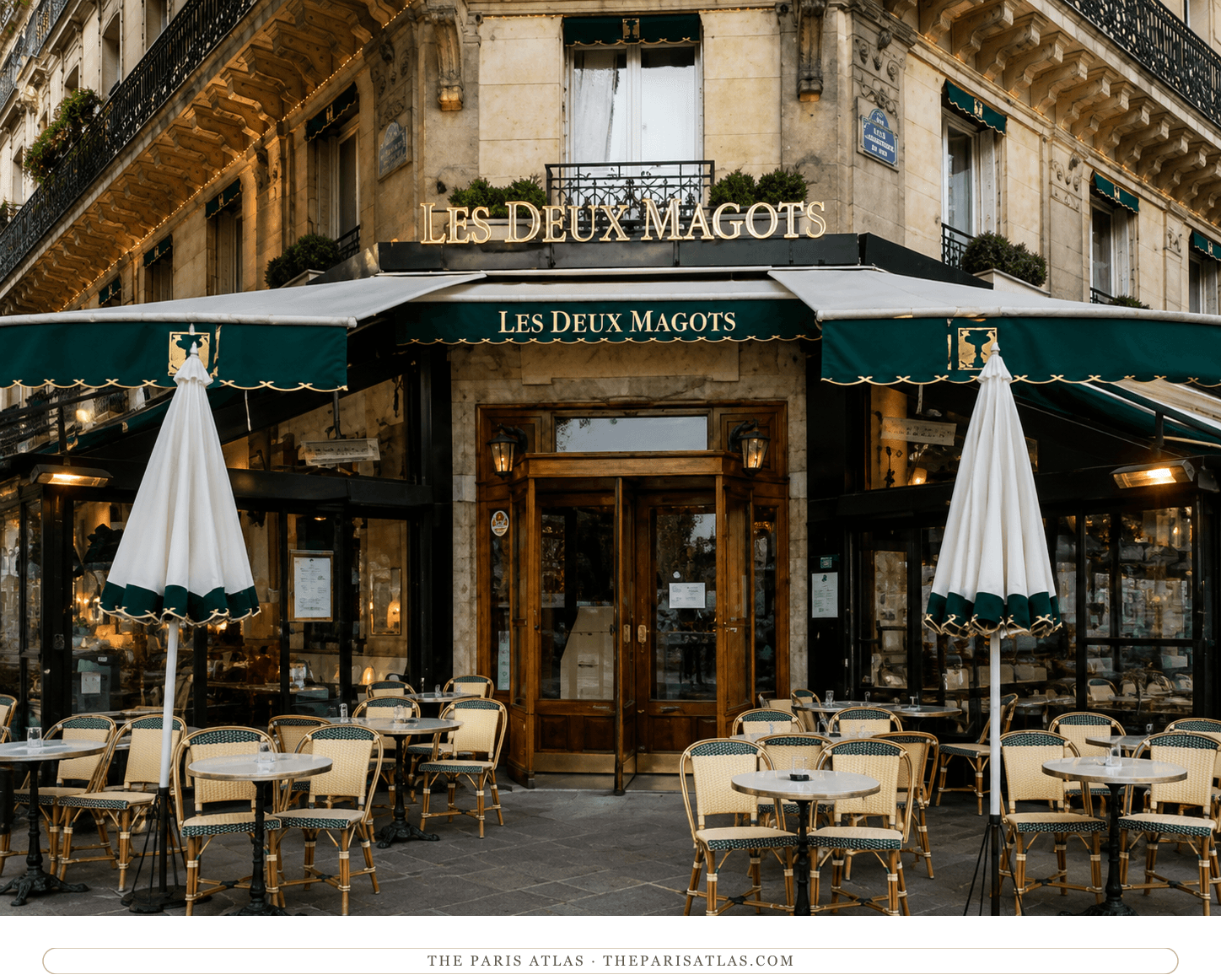 Les Deux Magots today, green and white awnings and rattan café chairs facing the church