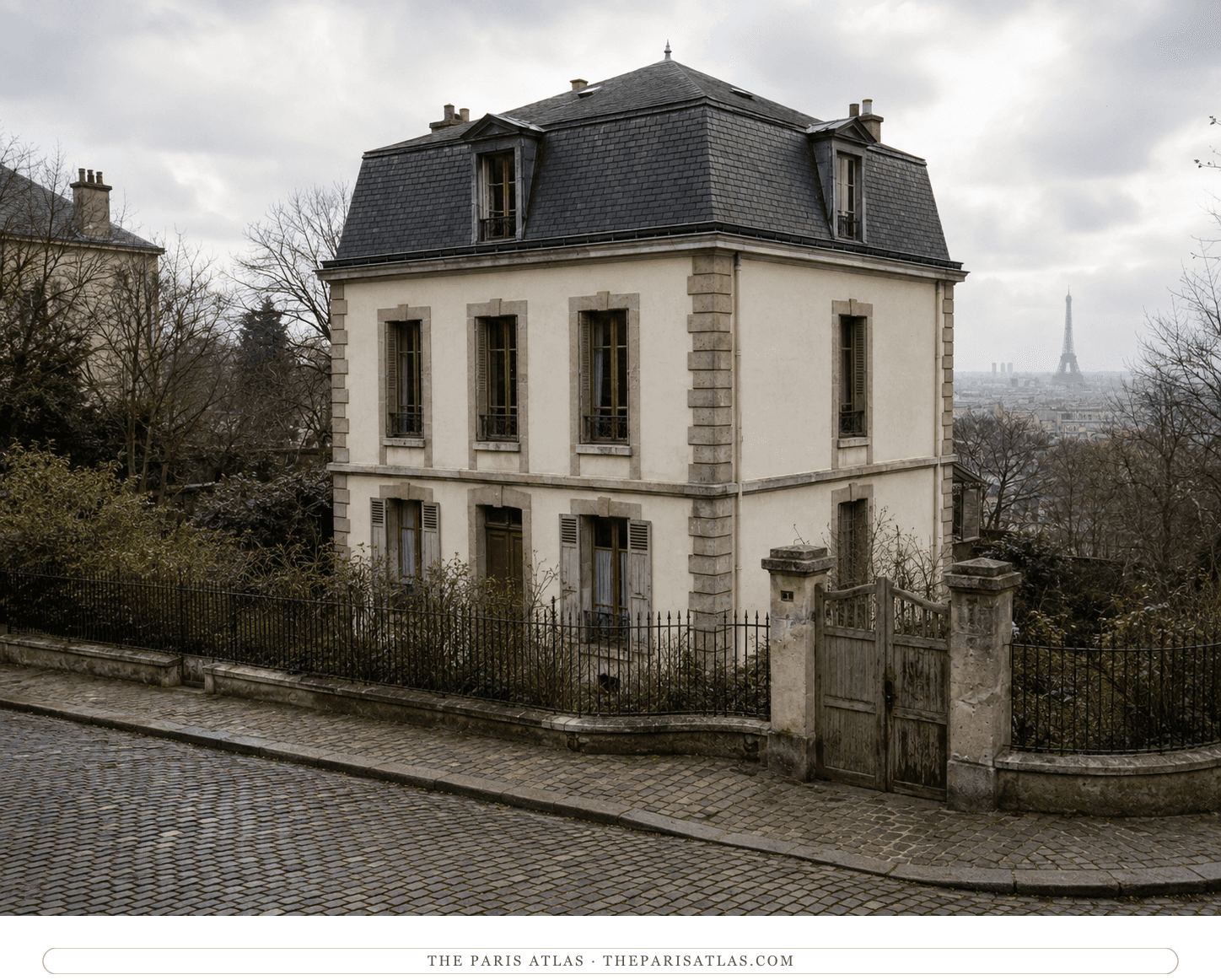 The same imagined villa in colour under a grey winter sky, its shutters closed and the Paris skyline beyond the bare trees