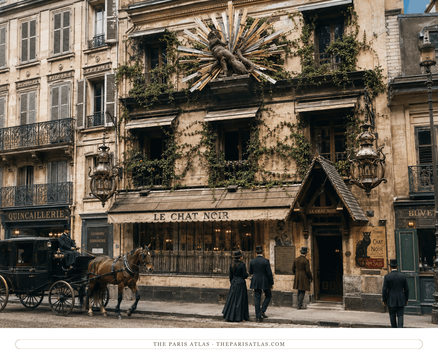 Color editorial reconstruction of Le Chat Noir's elaborate Rue de Laval facade in the late nineteenth century