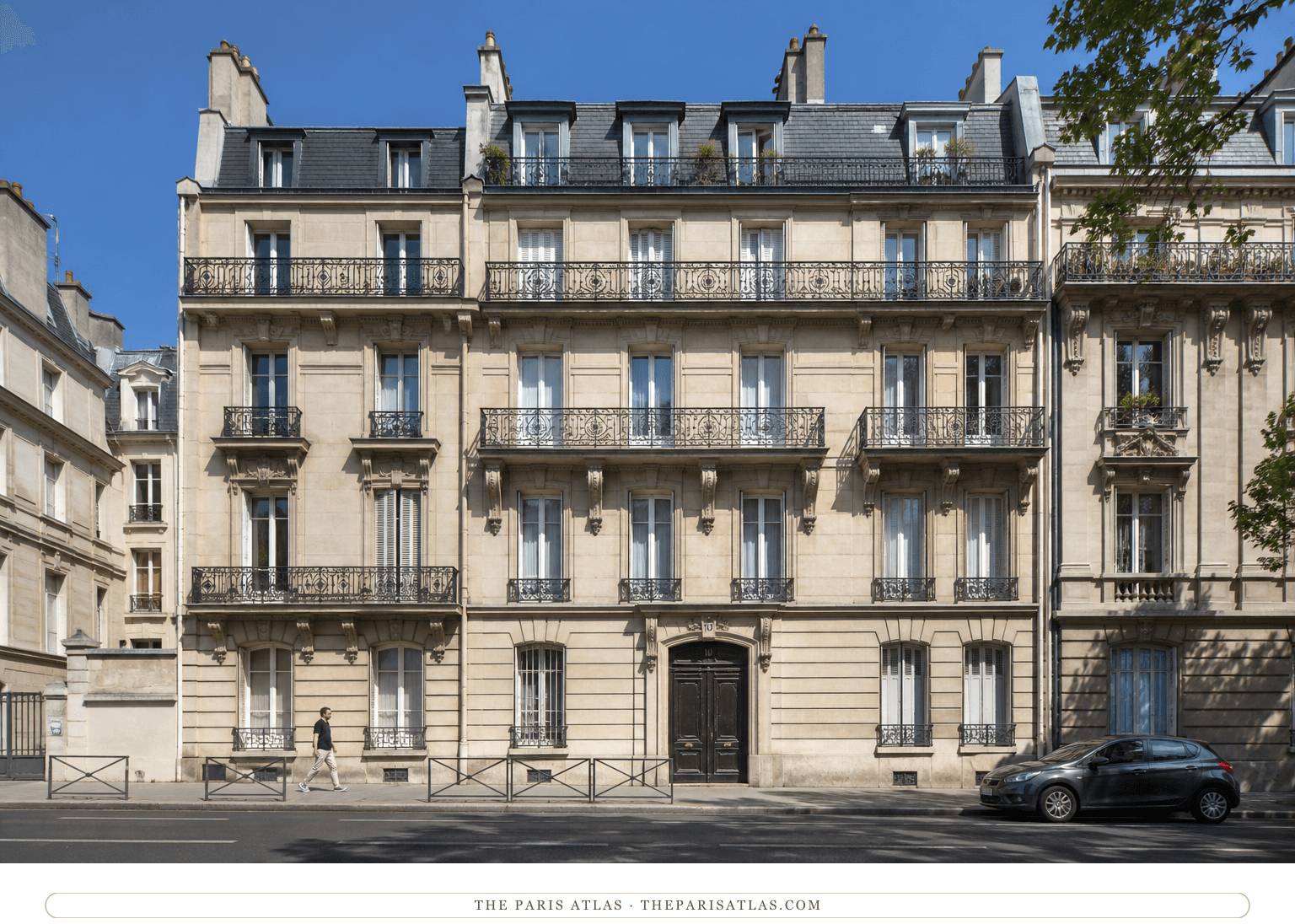 Colour photorealistic view of 10 rue Weber beneath a bright blue sky