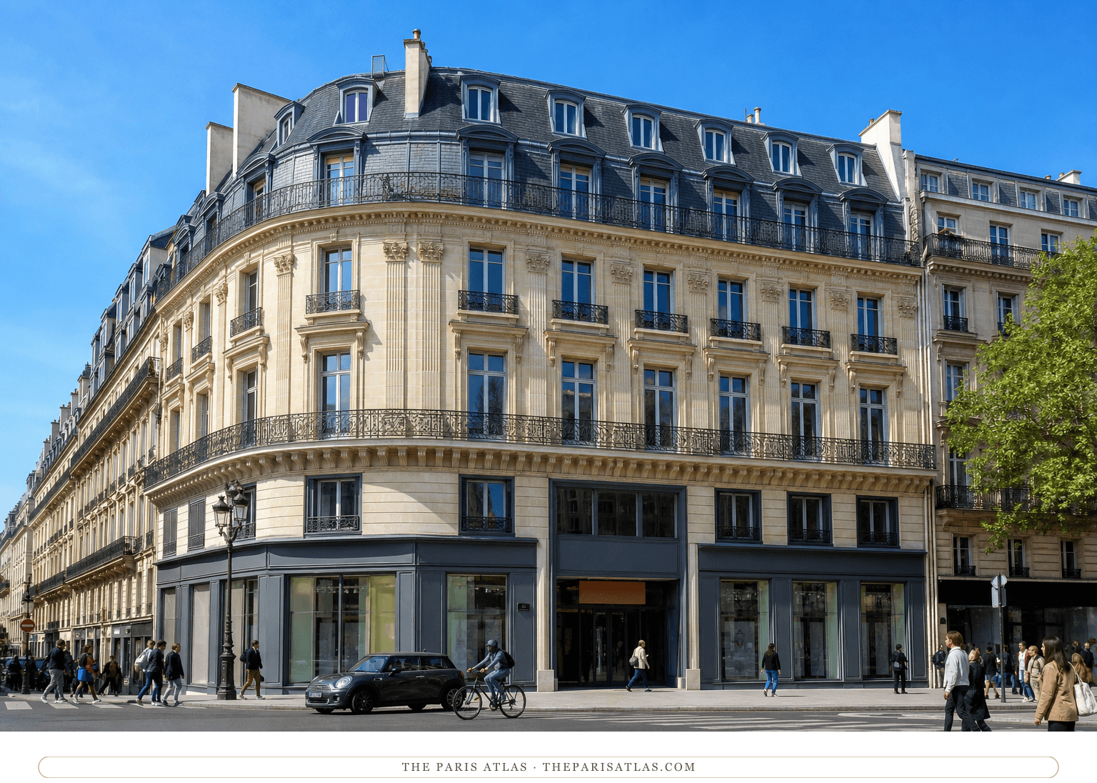 Bright color view of the pale stone apartment building at 102 boulevard Haussmann